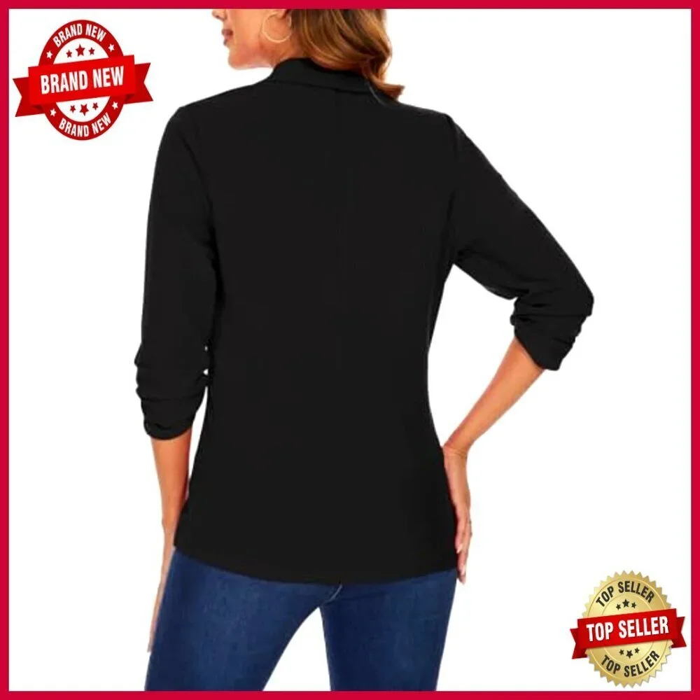 3/4 Sleeve Open Front Blazer with Zipper Pockets for Work & Casual